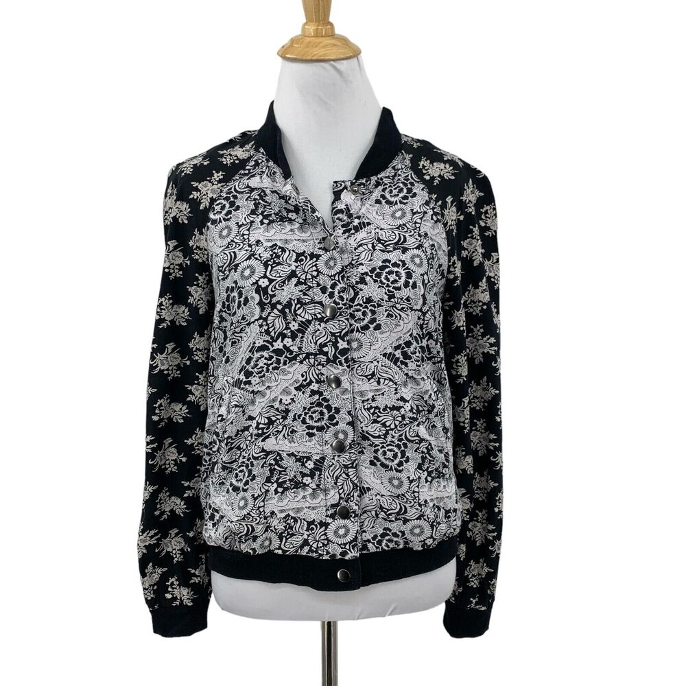Free People Jacket Womens S Small Floral Bomber Snap Button Satin Lined Pockets